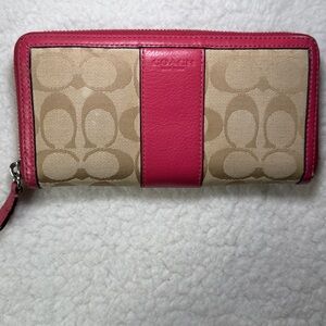 Coach Signature Canvas Pink Stripe Zip Around Wallet